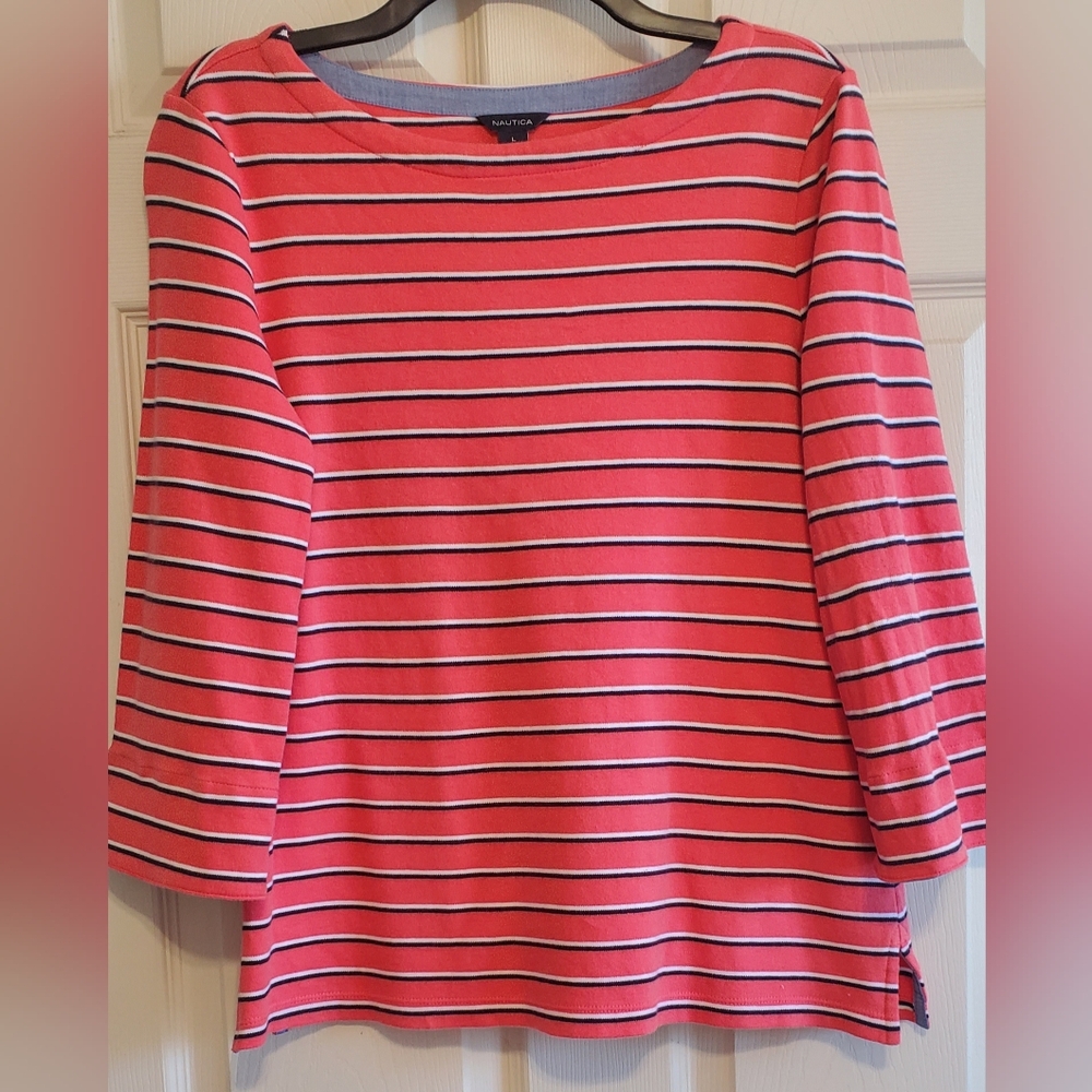 Nautica Women's Striped Coral, Black White Spripes, Blue Accents. Size L - Picture 2 of 9